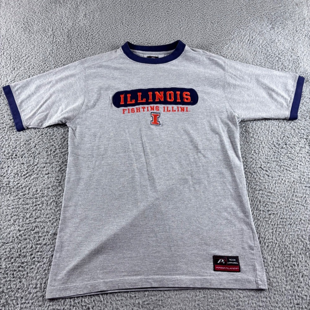 Vtg Illinois Fighting Illini T Shirt Mens Medium Gray Ringer‎ Pro Player 90s
